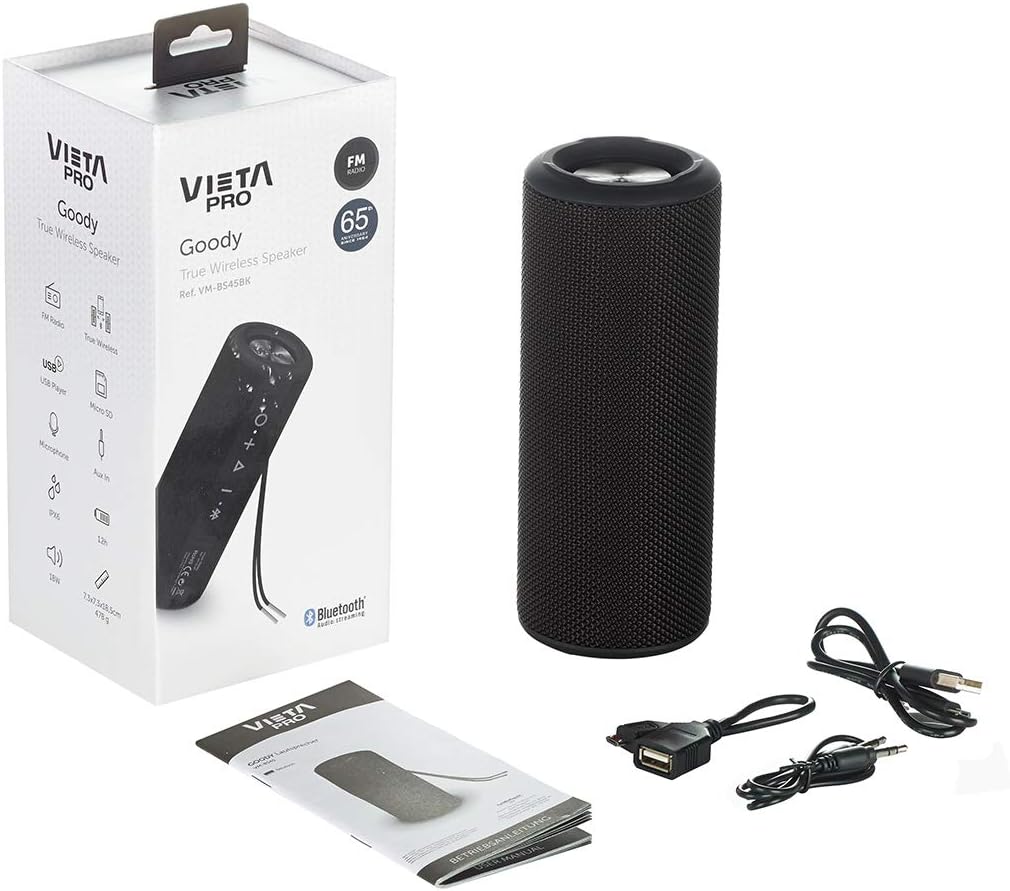Altavoz Bluetooth Vieta Pro Goody negro portátil con radio FM, USB, AUX, micrófono e IPX6, 12h batería, y conexión True Wireless.