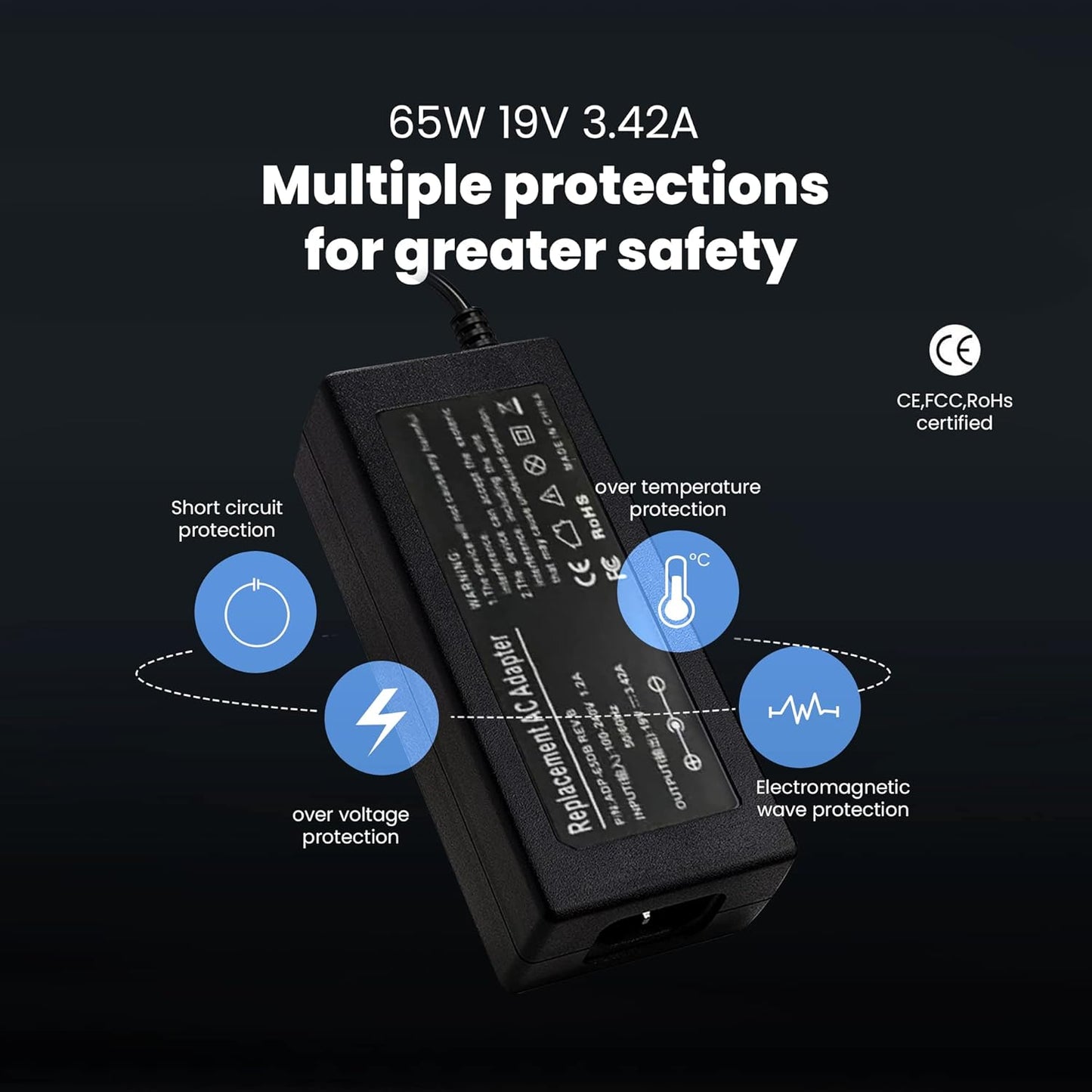 Cargador Universal 65W 19V 3.42A para Portátiles Acer, ASUS, Toshiba, Lenovo, Dell – Adaptador AC 100-240V