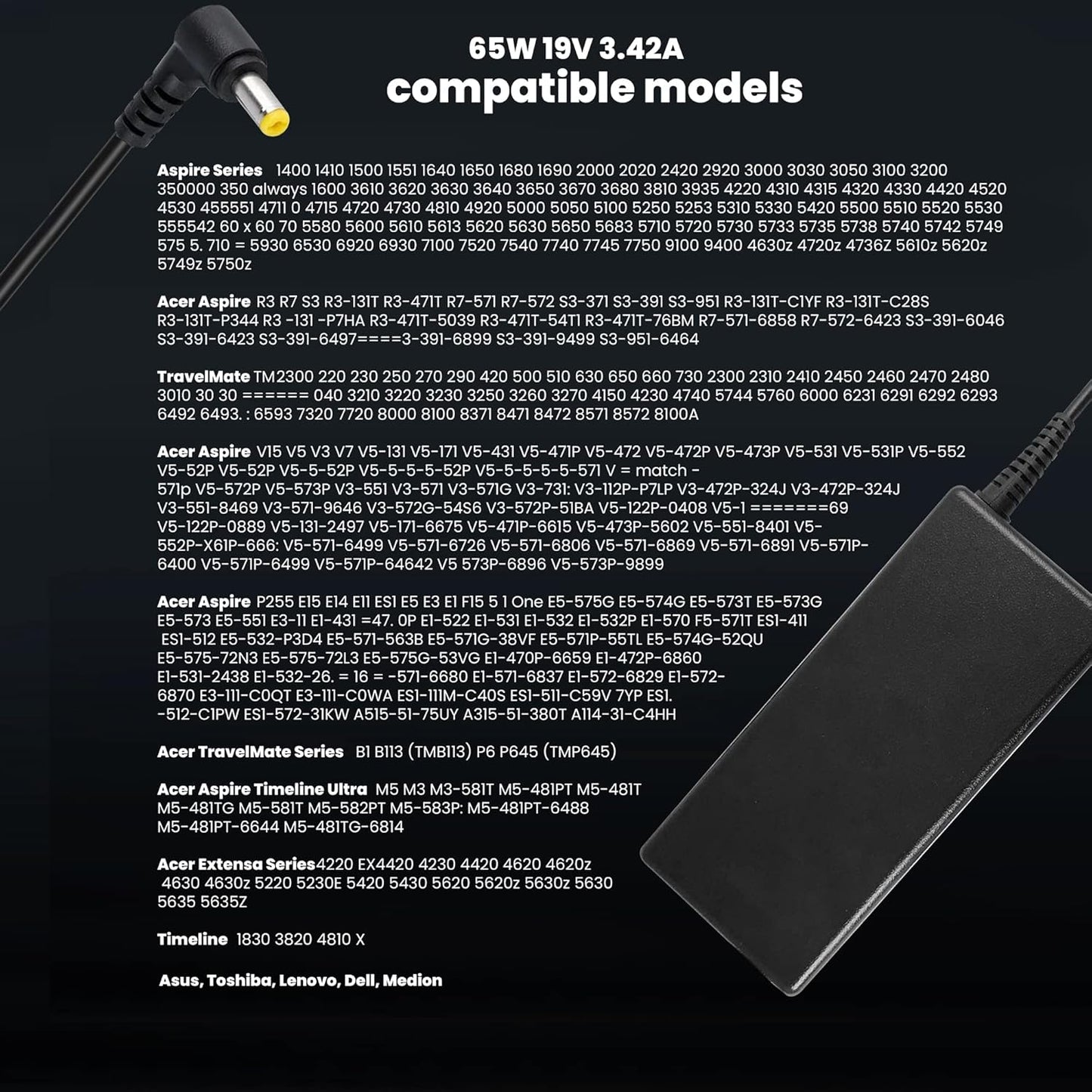 Cargador Universal 65W 19V 3.42A para Portátiles Acer, ASUS, Toshiba, Lenovo, Dell – Adaptador AC 100-240V